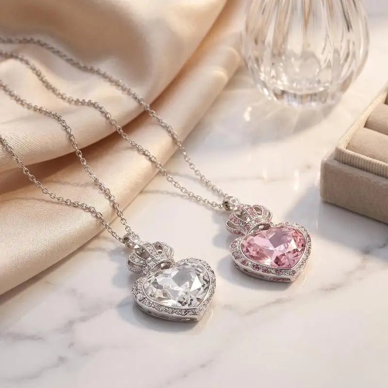 Crown Heart Crystal Pendant Necklace | Elegant Women's Jewelry