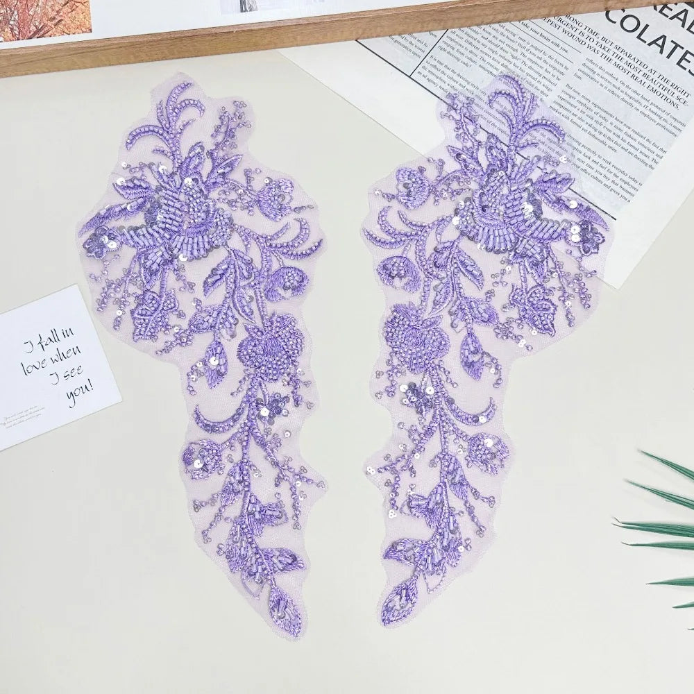 Beaded Sequin Floral Mesh Embroidery Applique Patch – 1 Pair