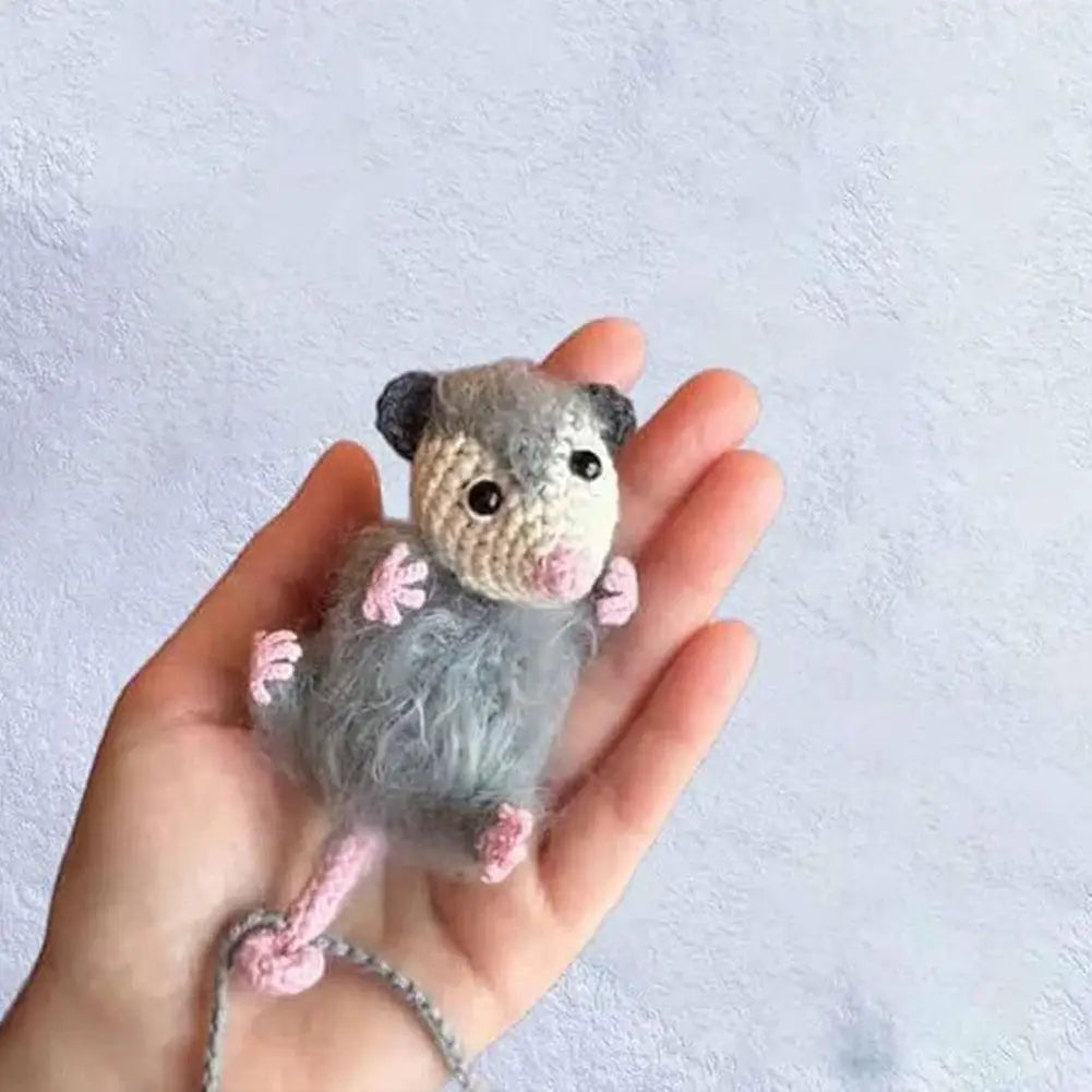 Crochet Opossum Car Charm – Handmade Knitted Rearview Mirror Pendant