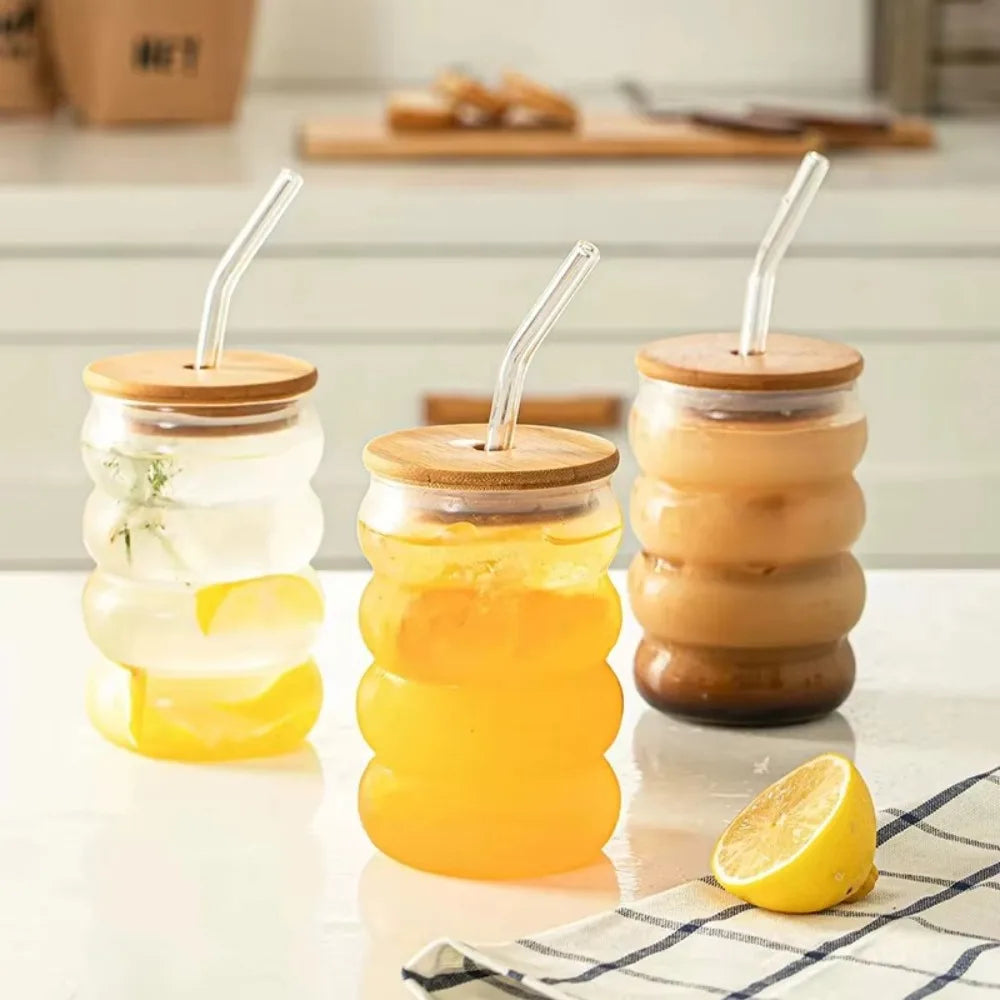 Wave Glass Cup with Wooden Lid, Bowtie Decor & Straw – 350ml