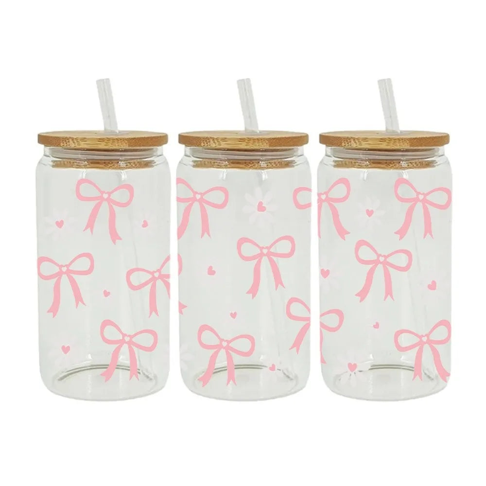 UV DTF Pink Bow Sticker – Waterproof Wrap for 16oz Glass Cups