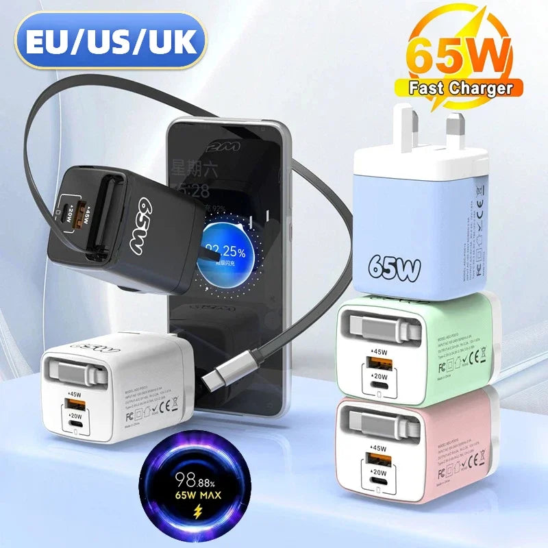 PD 65W Multi-Port Fast Charger with 70cm Extension | EU US UK