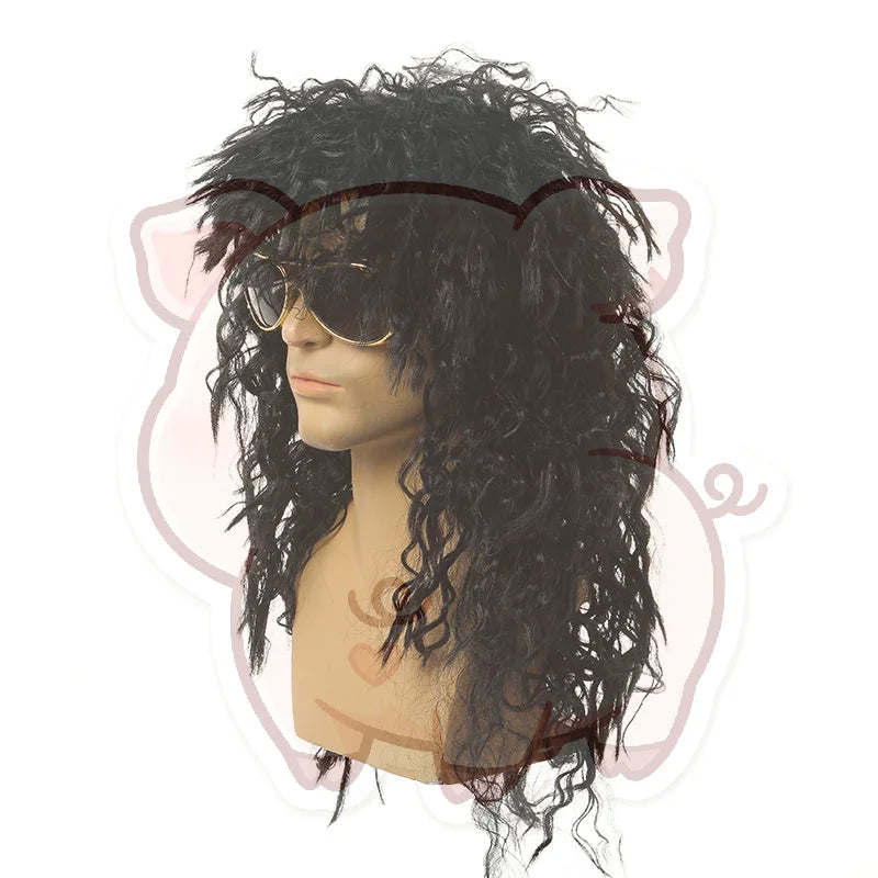 Men's Long Curly Black Cosplay Wig – Fluffy Rock Party Wig