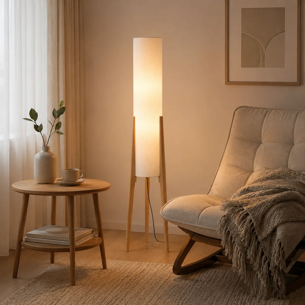 Walnut Wood Floor Lamp | Fabric Shade Warm Standing Light