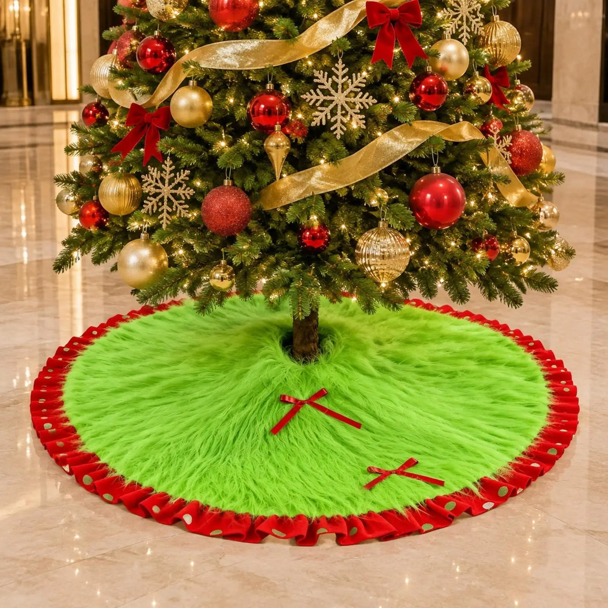 Round Plush Christmas Tree Skirt – Soft Furry Mat with Red Bows