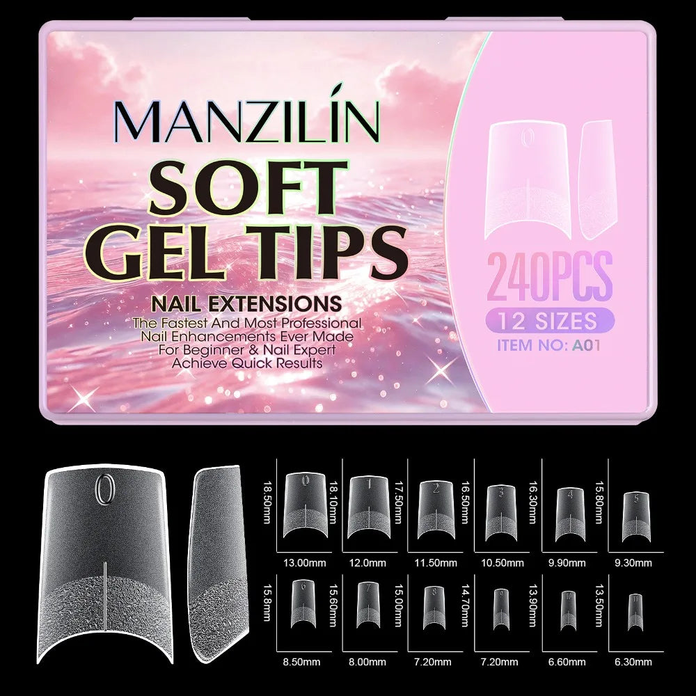 240Pcs Short Almond Soft Gel Nail Tips – 12 Sizes Full Cover