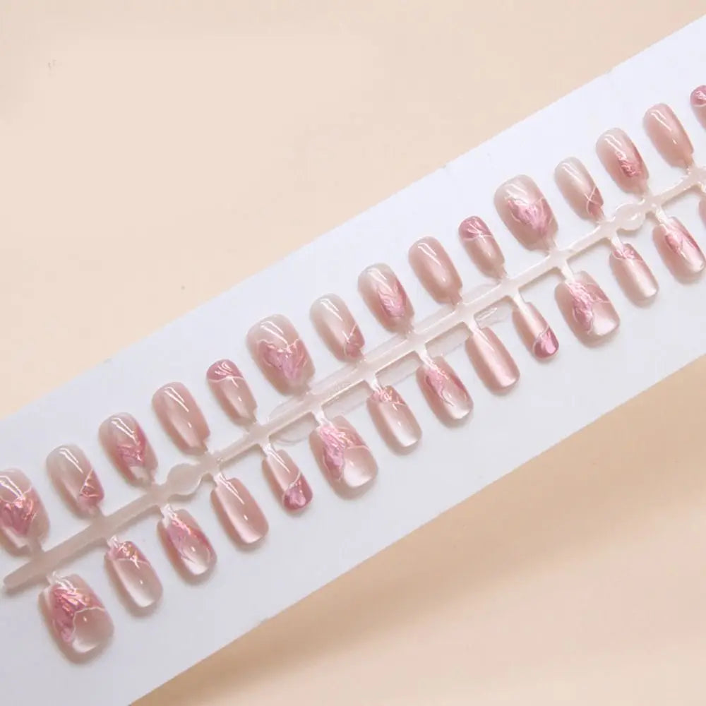 Long Square Cat Eye Press On Nails – French 24pc Set