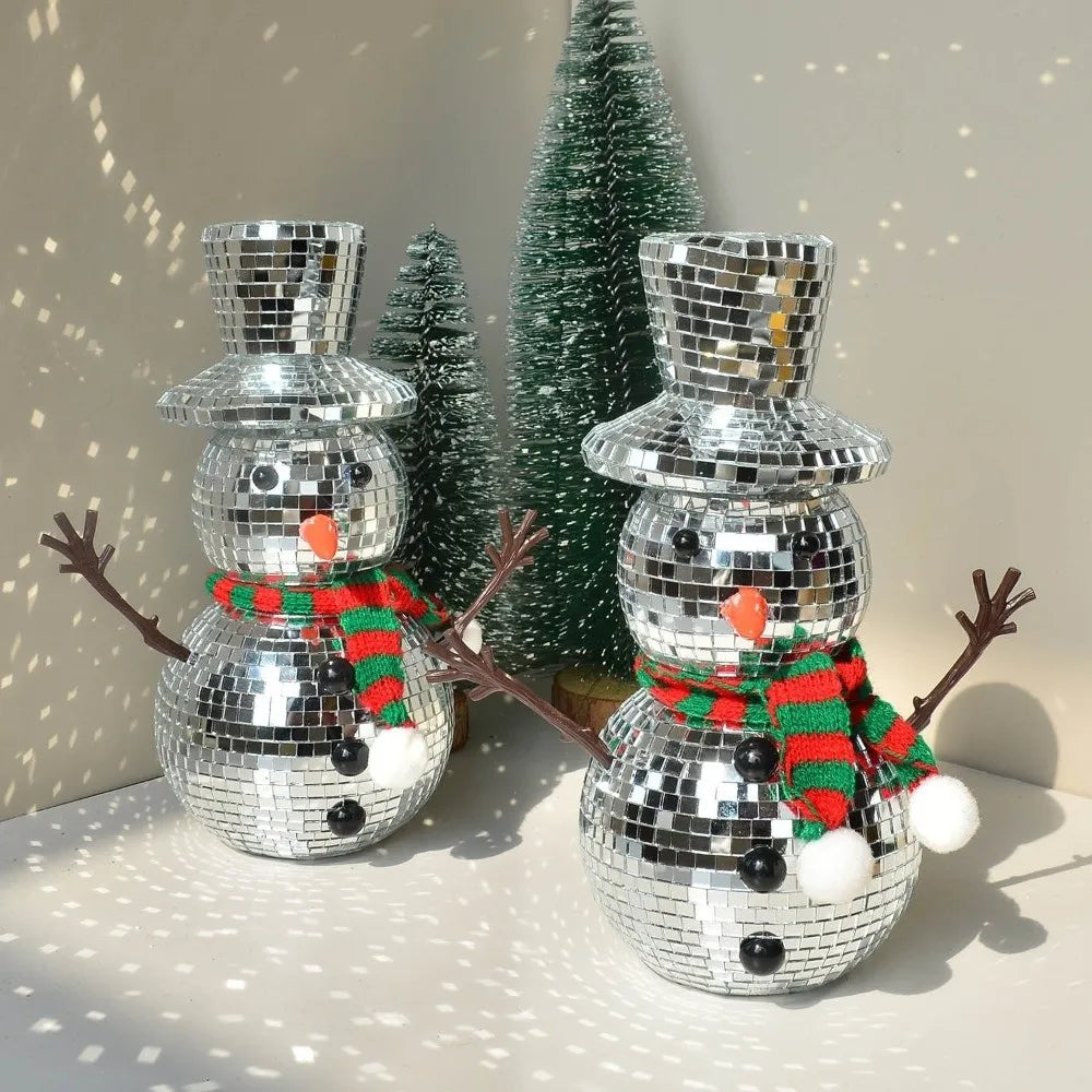 Silver Mirror Disco Ball Snowman Ornament with Knitted Scarf