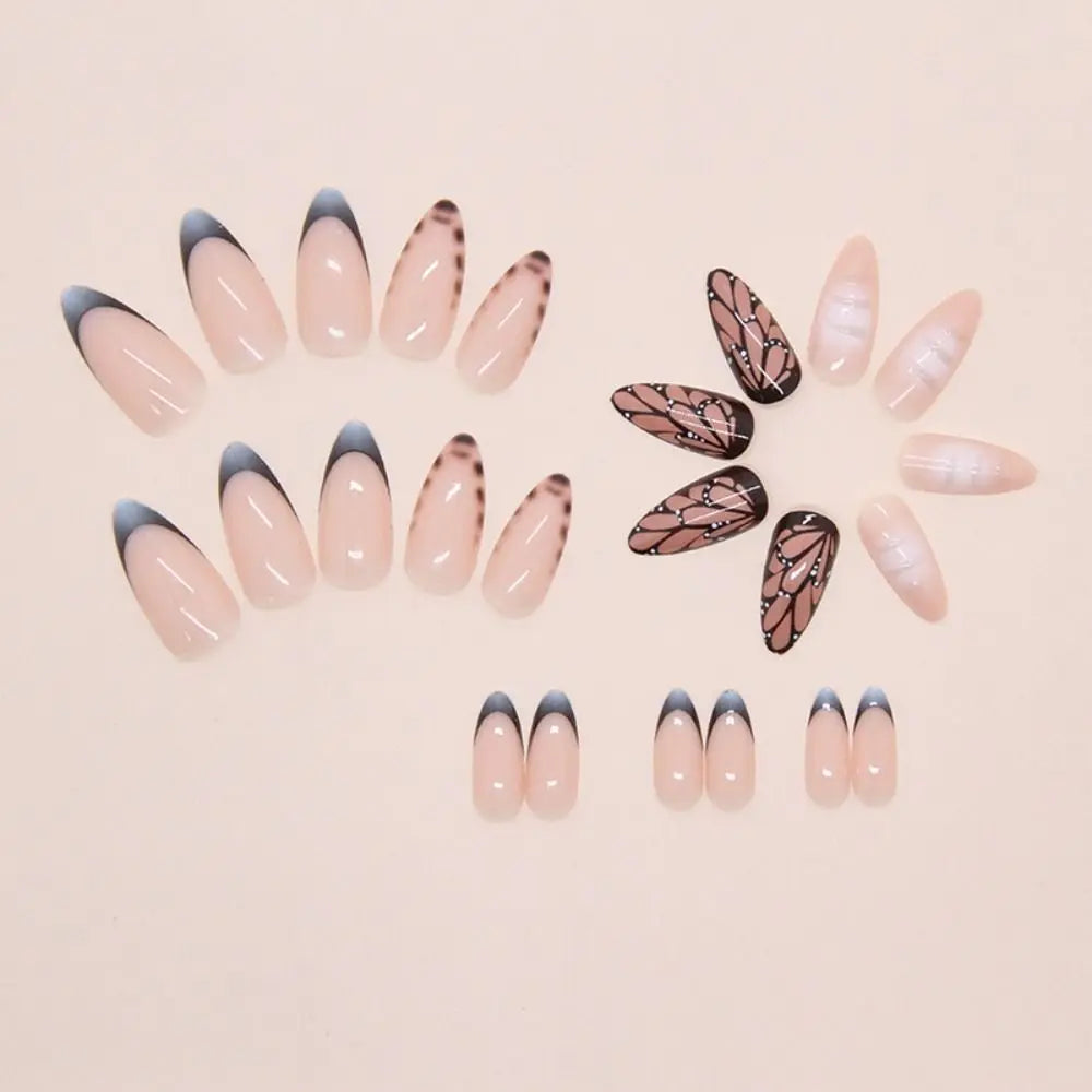 24-Piece Almond Press On Nails – Misty Blue Floral French Style