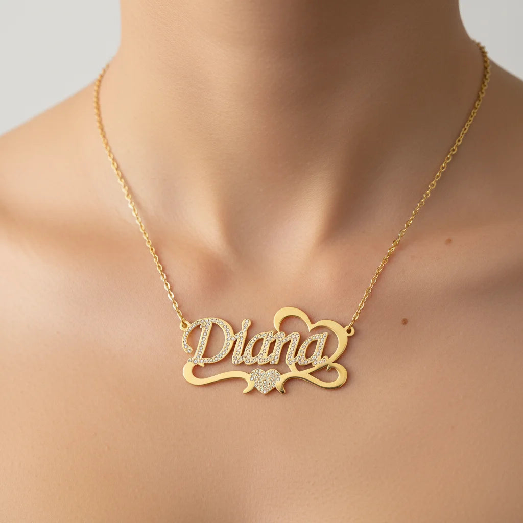 18K Gold Custom Name Zircon Heart Necklace | Personalized Gift