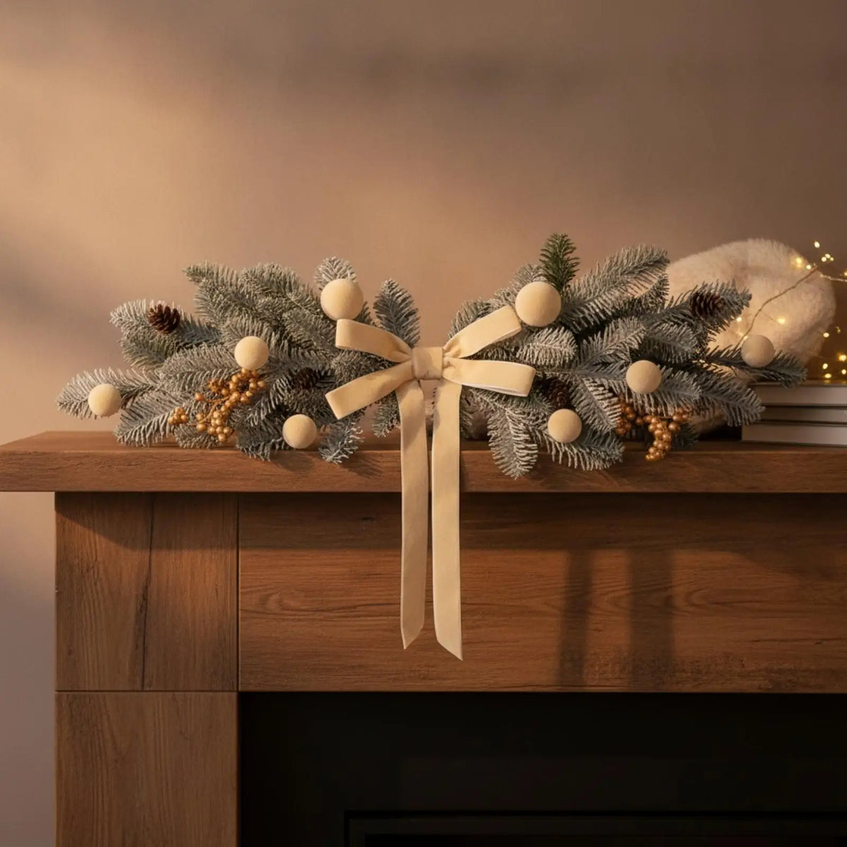 Christmas Wall Swag – Red Velvet Fir Garland with Ornaments