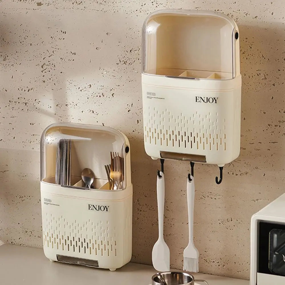 Wall-Mounted Cutlery Holder – Dustproof Utensil Drainage Shelf