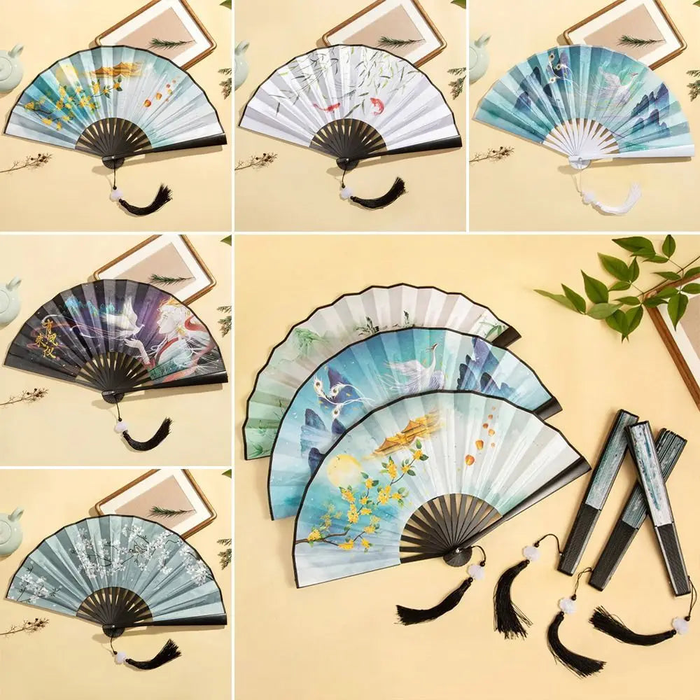 Silk & Bamboo Vintage Folding Hand Fan – Colorful Tassel