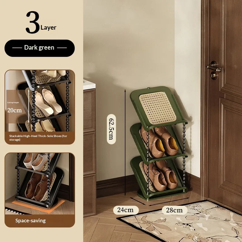 Vintage Rattan Multi-Tier Shoe Rack Entryway Organizer
