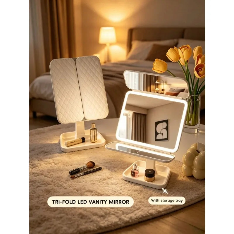 Trifold LED Makeup Mirror – Dimmable 3X/2X/1X Vanity Light