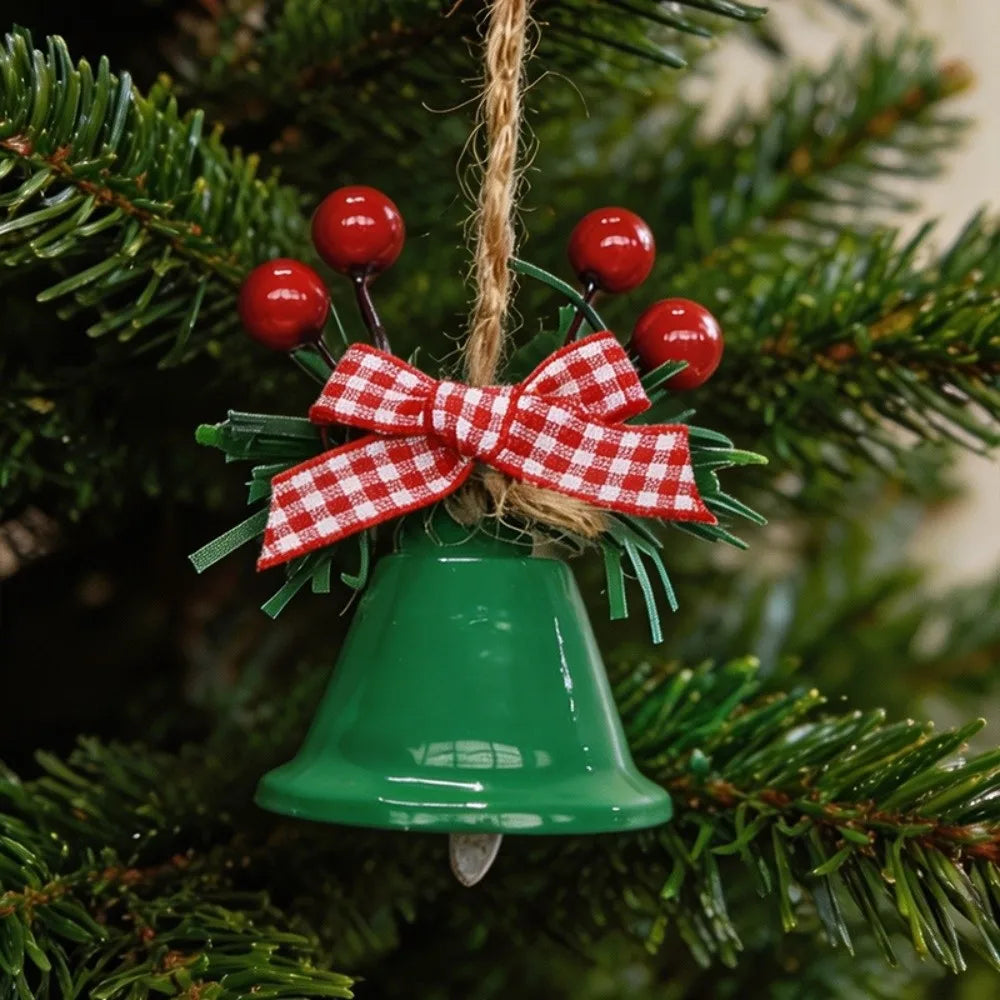 Metal Christmas Bell Ornament – Red Berries & Plaid Bow