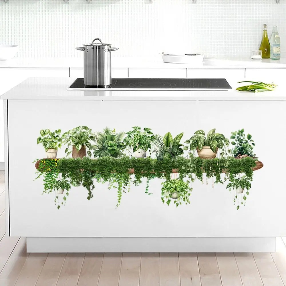 Green Vine Leaf Wall Sticker – Botanical PVC Decal | Hanging Basket