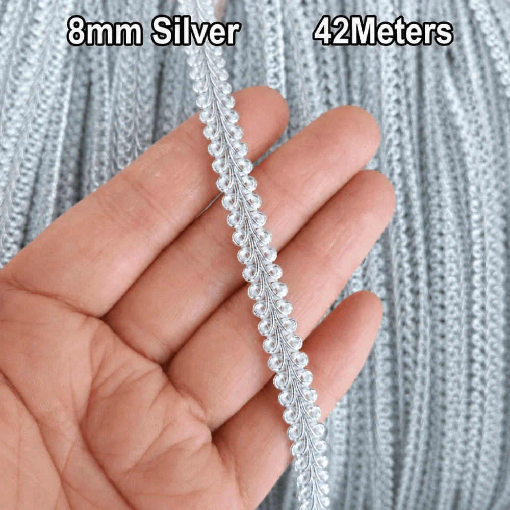42M Herringbone Lace Trim 8mm – Gold Silver Jacquard Ribbon