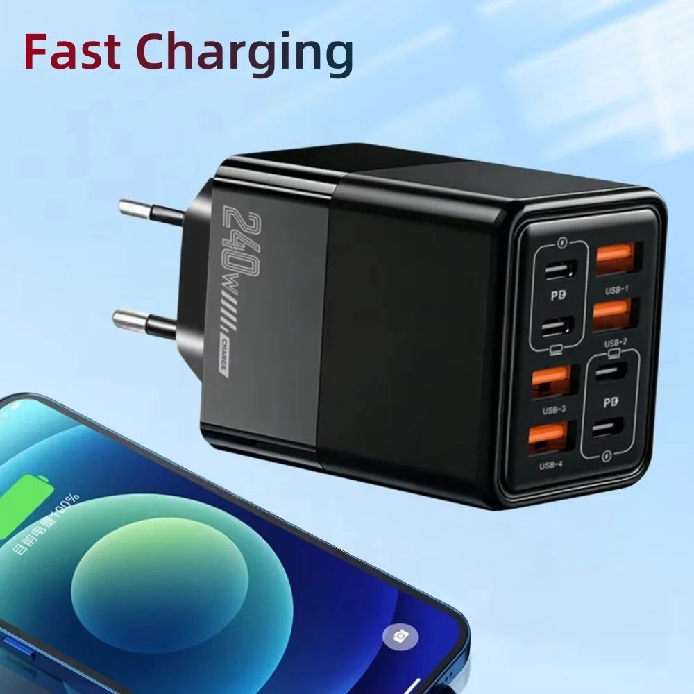 8-in-1 USB-C 240W Fast Wall Charger | 4 PD + 4 USB-A Ports