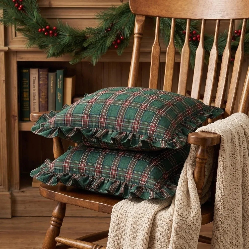 Tartan Plaid Throw Pillow Cover 18x18 Burnt Orange Ruffle Trim