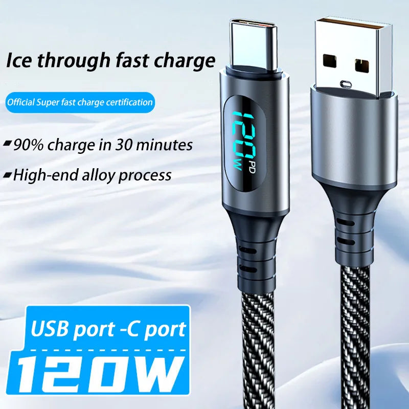 USB-A to USB-C 6A 120W Fast Charge Cable with LED Display