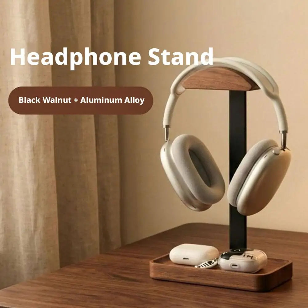 Walnut Wood & Aluminum Headphone Stand with Storage Tray