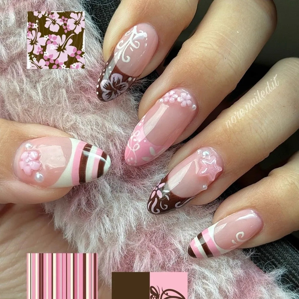 3D Floral Press-On Nails with Pearl Gel Design – 24 Pcs