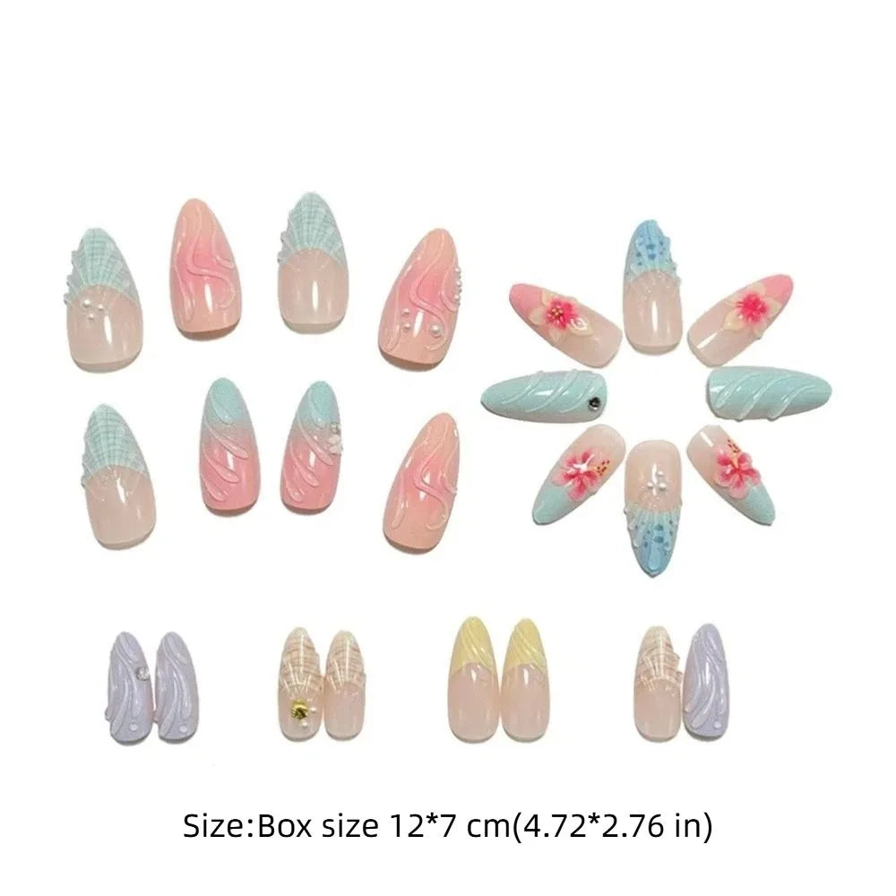 24-Pack French Almond Press On Nails – Pink Flower Full Cover