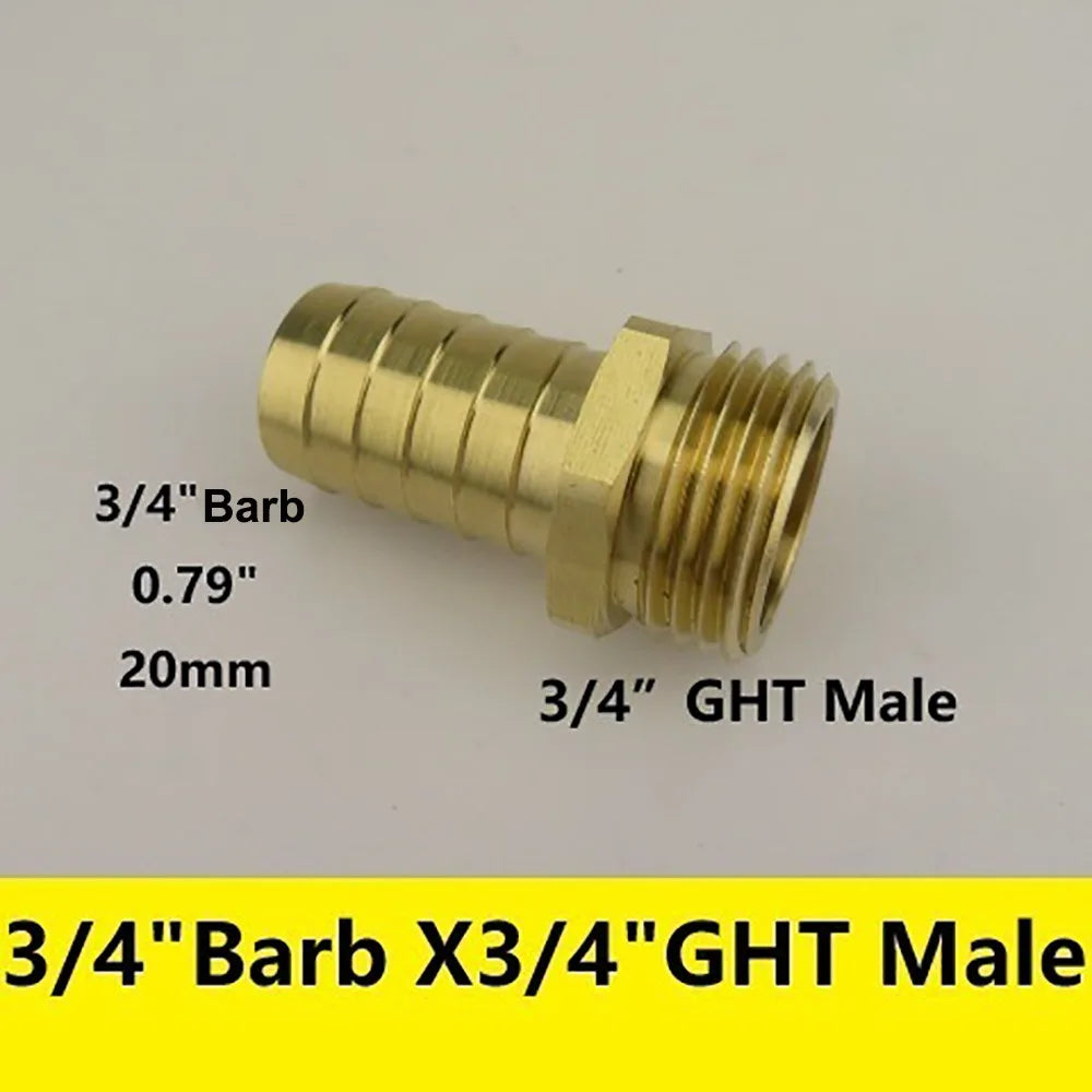 Brass Barb Fitting 3/8"–3/4" x 3/4" GHT Garden Hose Adapter