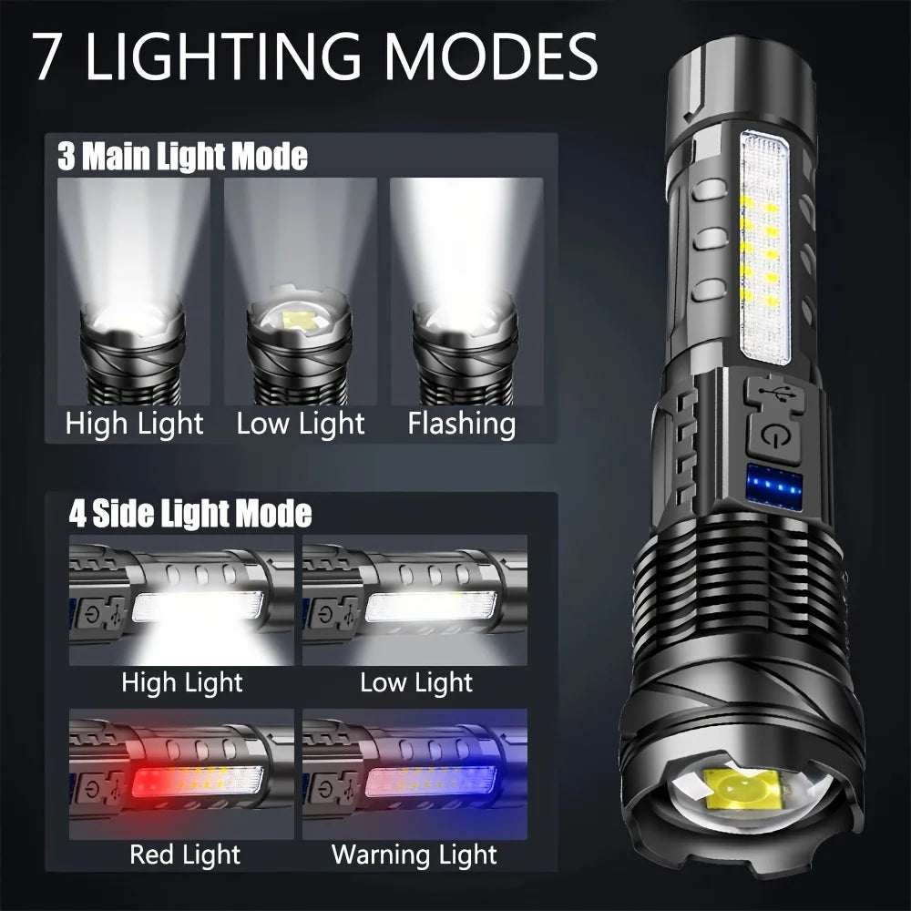 Rechargeable Zoomable LED Flashlight – 7 Modes, 2300 Lumens