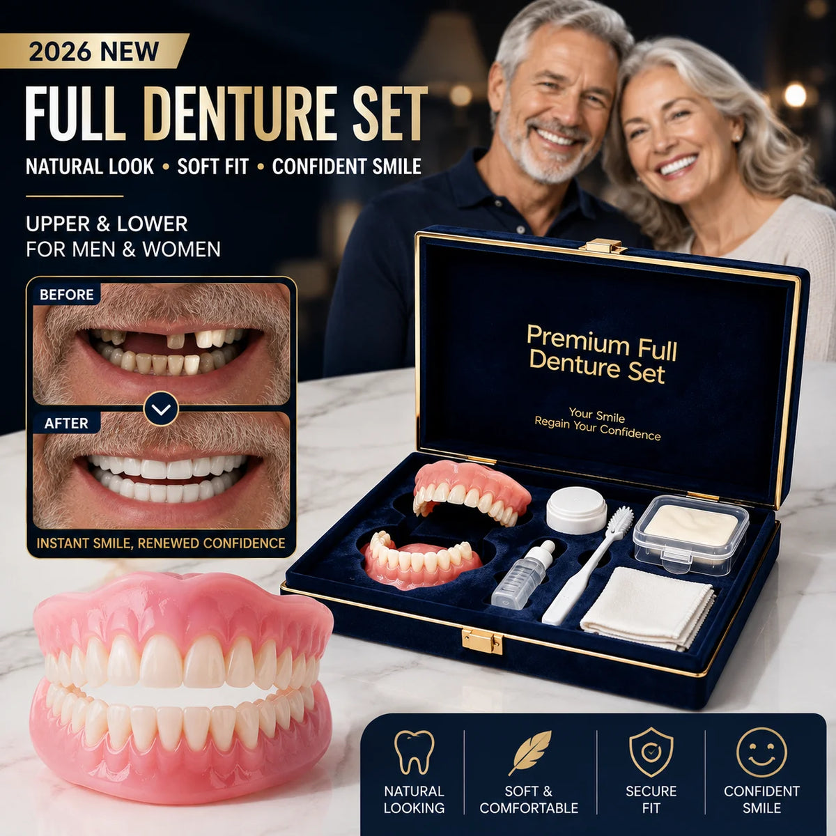Silicone Denture Veneer Kit – Upper & Lower Teeth with Care Set