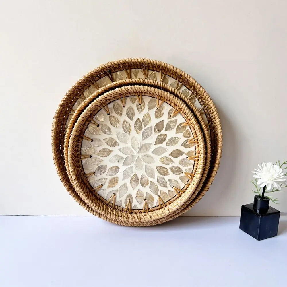 Shell Mosaic Round Woven Rattan Tray | Boho Home Decor