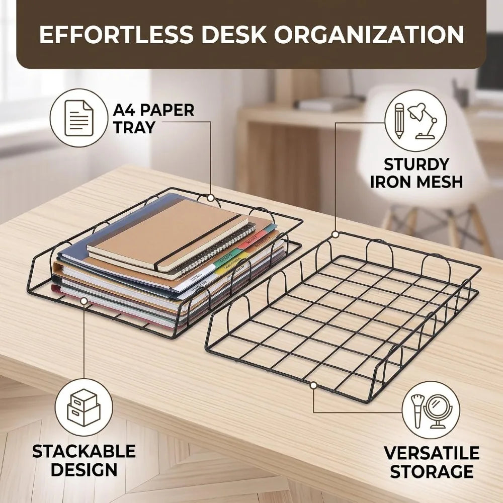 3-Pack Black Metal Mesh File Tray – Stackable Desk Organizer