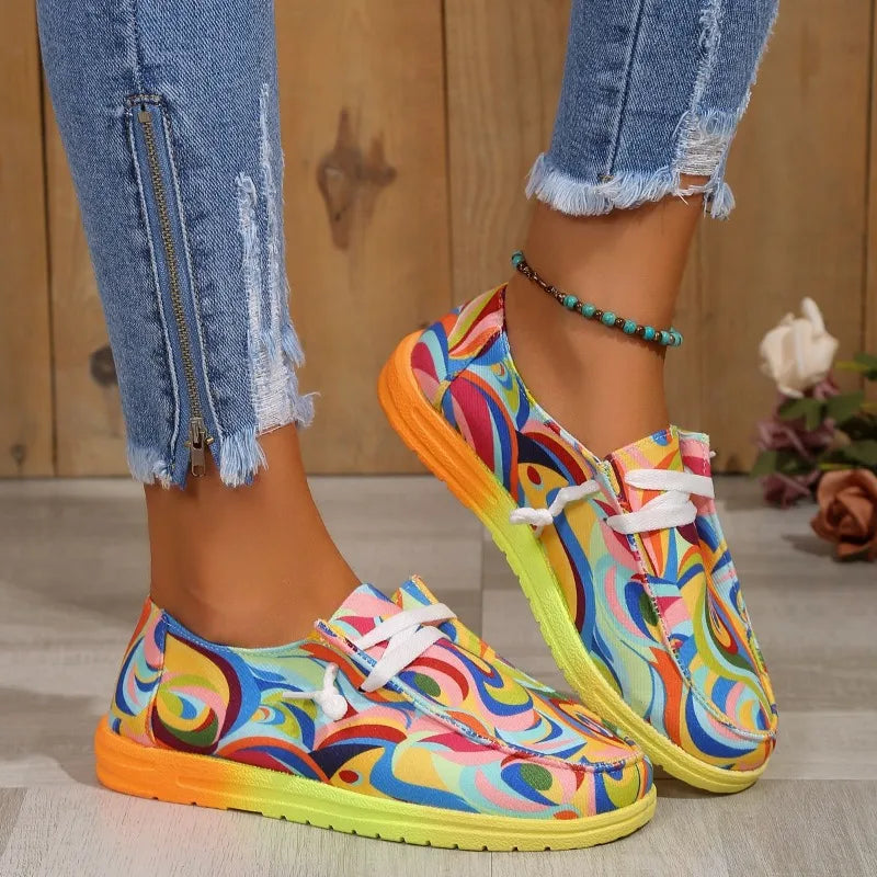 Women's Rainbow Canvas Flat Sneakers – Lace-Up Casual Shoes