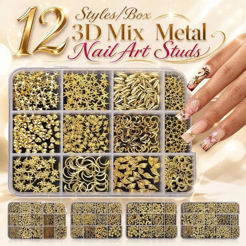 3D Ocean Metal Nail Art Studs – 12 Shapes Gold & Silver Charms