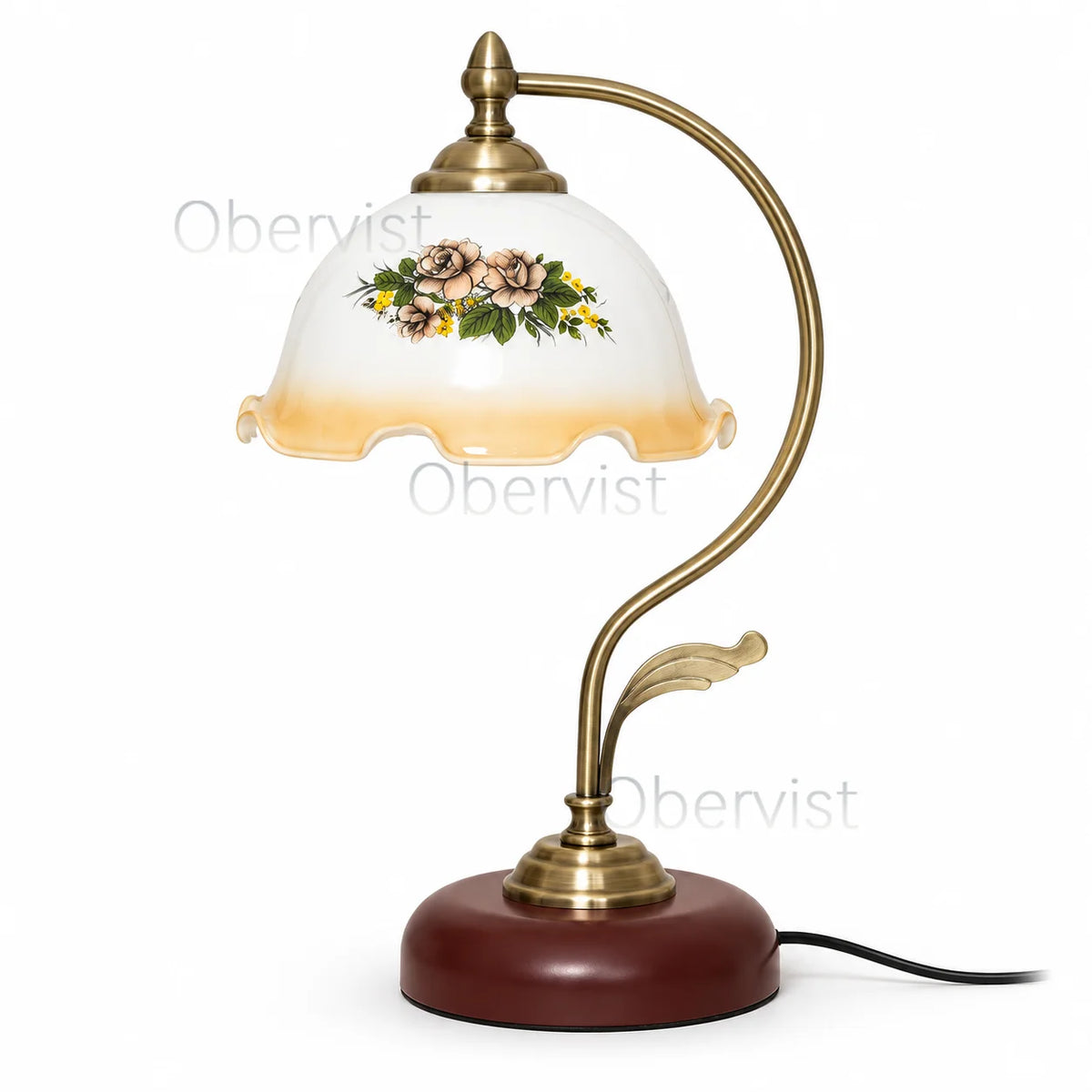 Vintage Floral Glass Table Lamp | Antique Brass Arm E27
