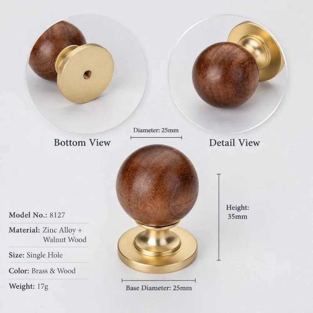 Vintage Walnut Marble Cabinet Pull Handle – Wood Drawer Knob