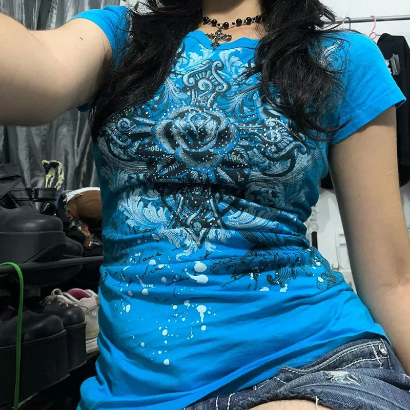 Women's Y2K Rhinestone Heart Rose Grunge T-Shirt | Harajuku Top