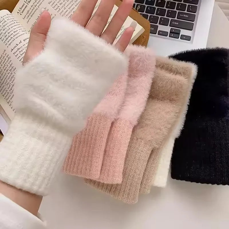 Women's Plush Fingerless Gloves – Warm Half-Finger Wrist Mittens
