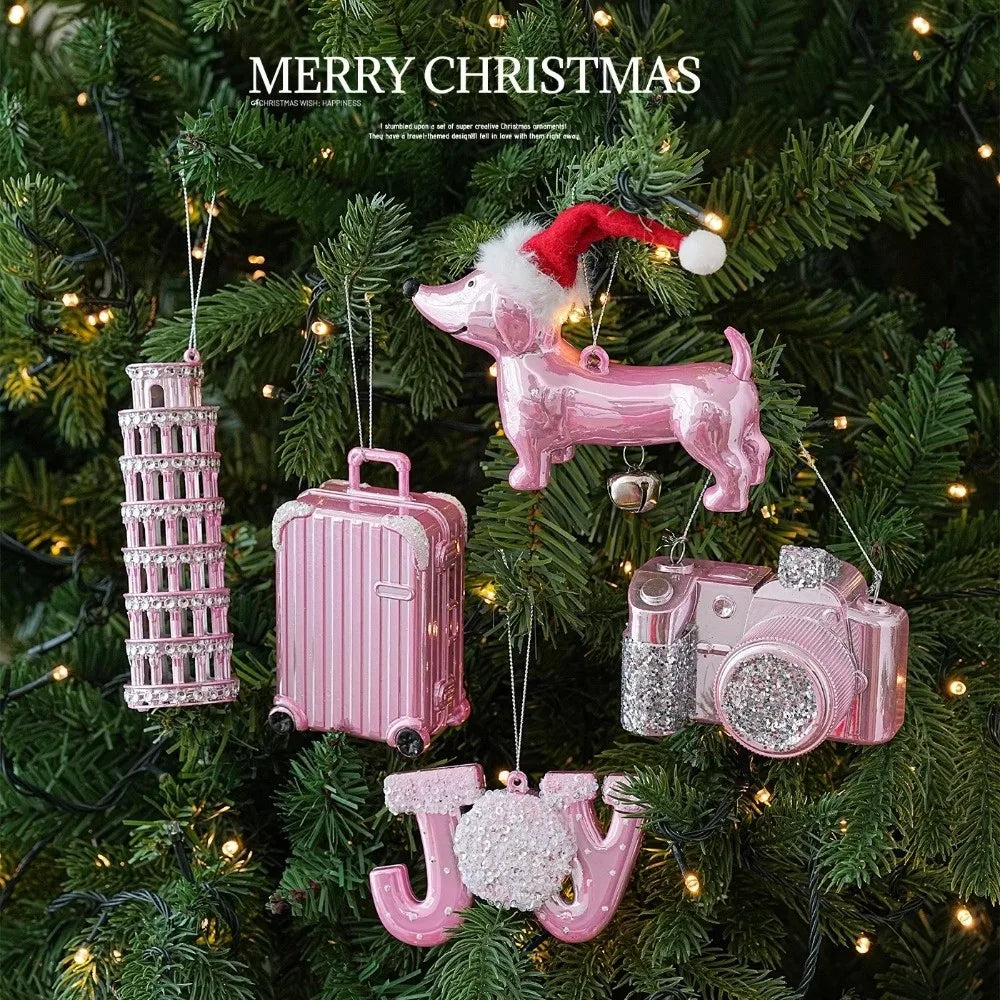 Pink Glitter Christmas Ornaments – Assorted Shapes | Hanging