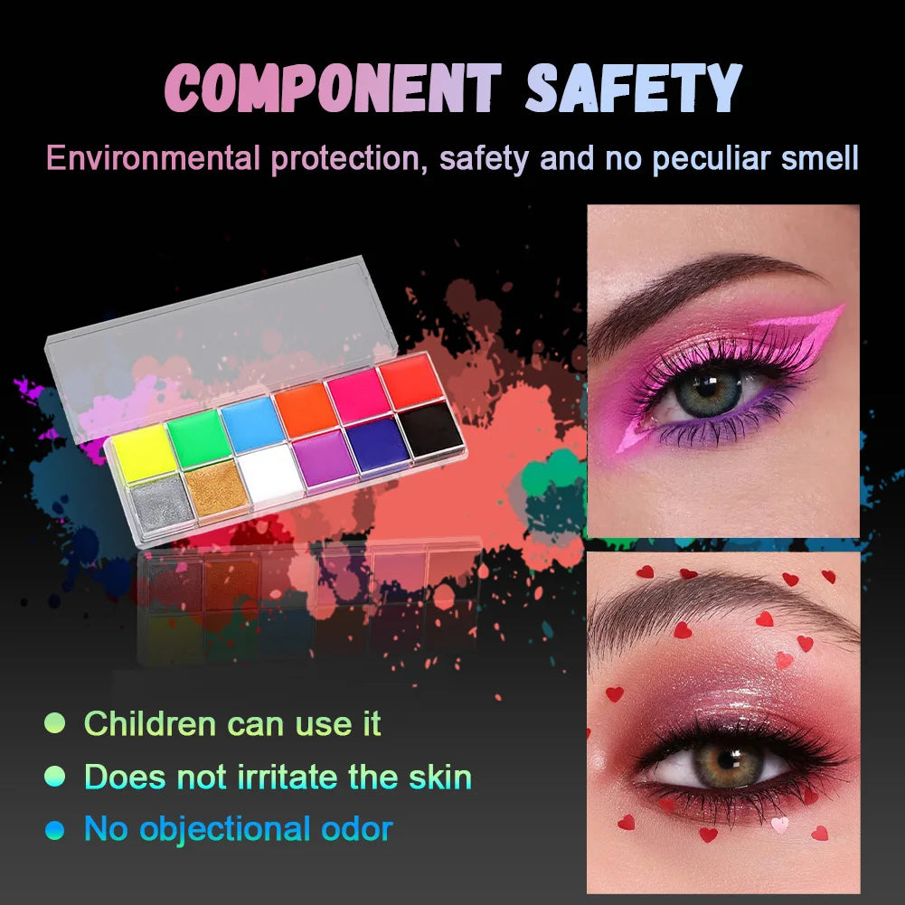 12-Color UV Glow Face & Body Paint Palette | Halloween Cosplay