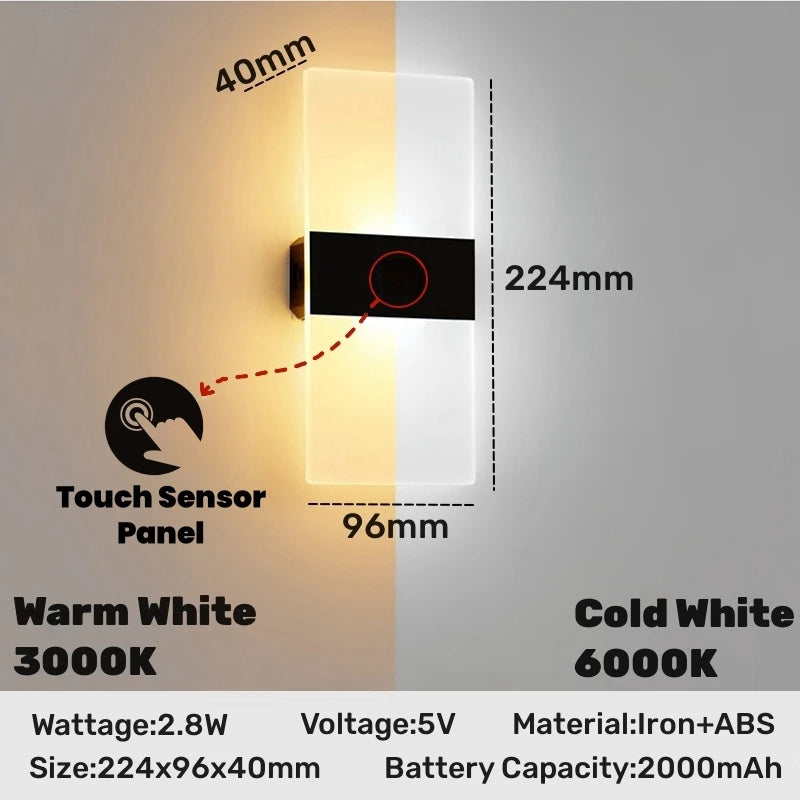 Touch Sensor LED Wall Sconce USB Rechargeable Wireless Night Light