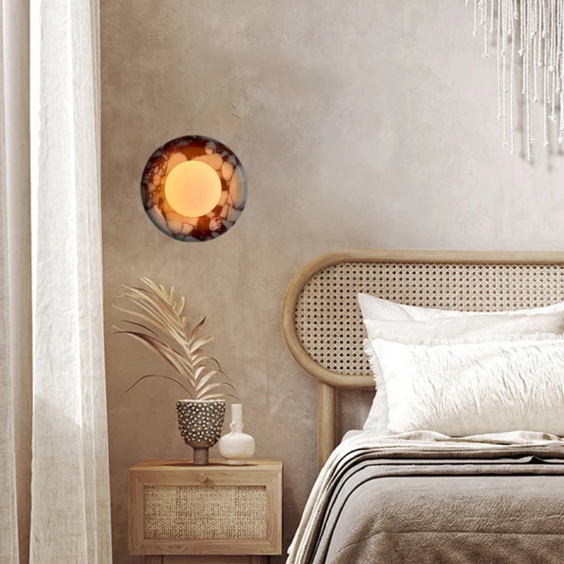 Round Real Stone Wall Light – White Glass G9 Indoor Lamp