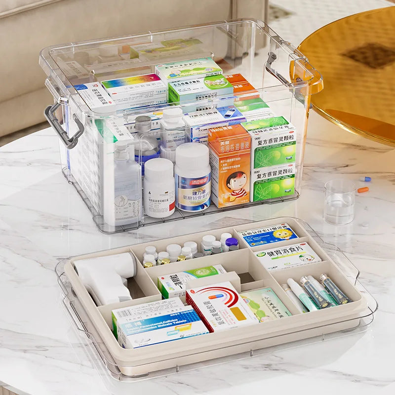 Double Layer Transparent Pill Medicine Storage Box with Handle