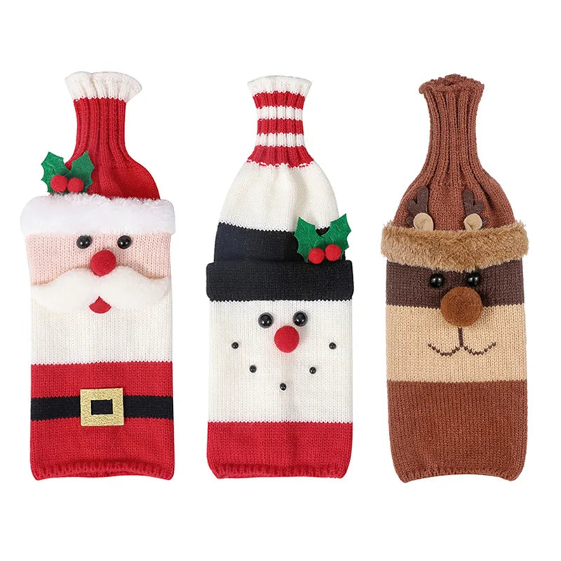 Christmas Santa Knitted Wine Bottle Cover | Holiday Sleeve