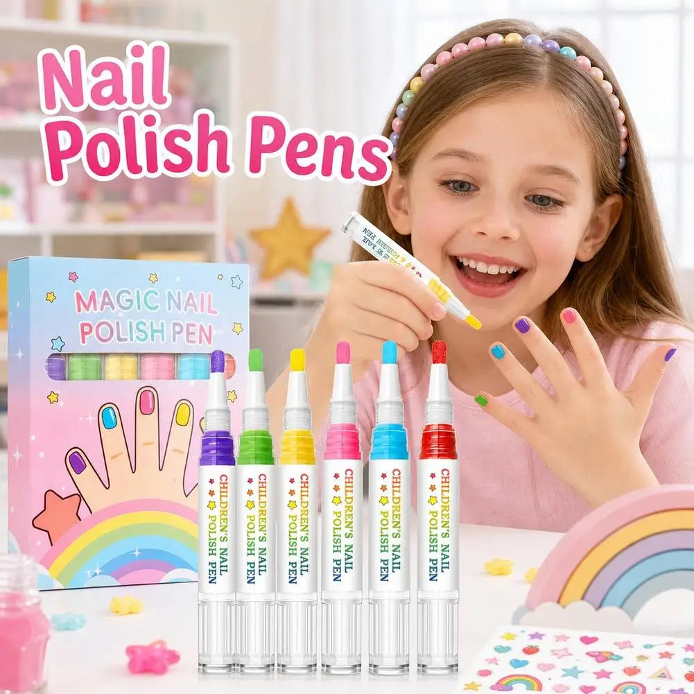 Kids Nail Polish Pen Set – 6 Colors Peel-Off DIY Nail Art