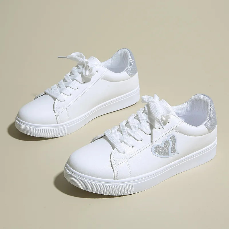LEDP Women's Lace-Up Sneakers – Lightweight Heart Print Flat Shoes