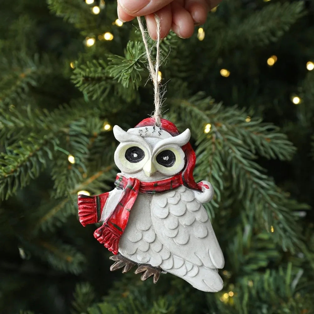 Resin Owl Christmas Ornament with Jute Rope – Vintage Style