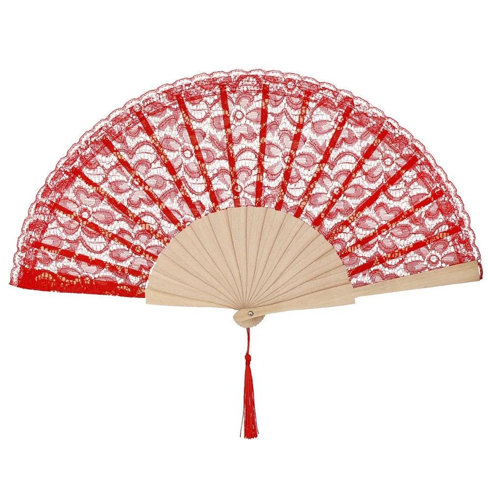 Vintage Chinese Lace Folding Fan – Floral Wood Hand Fan & Tassel