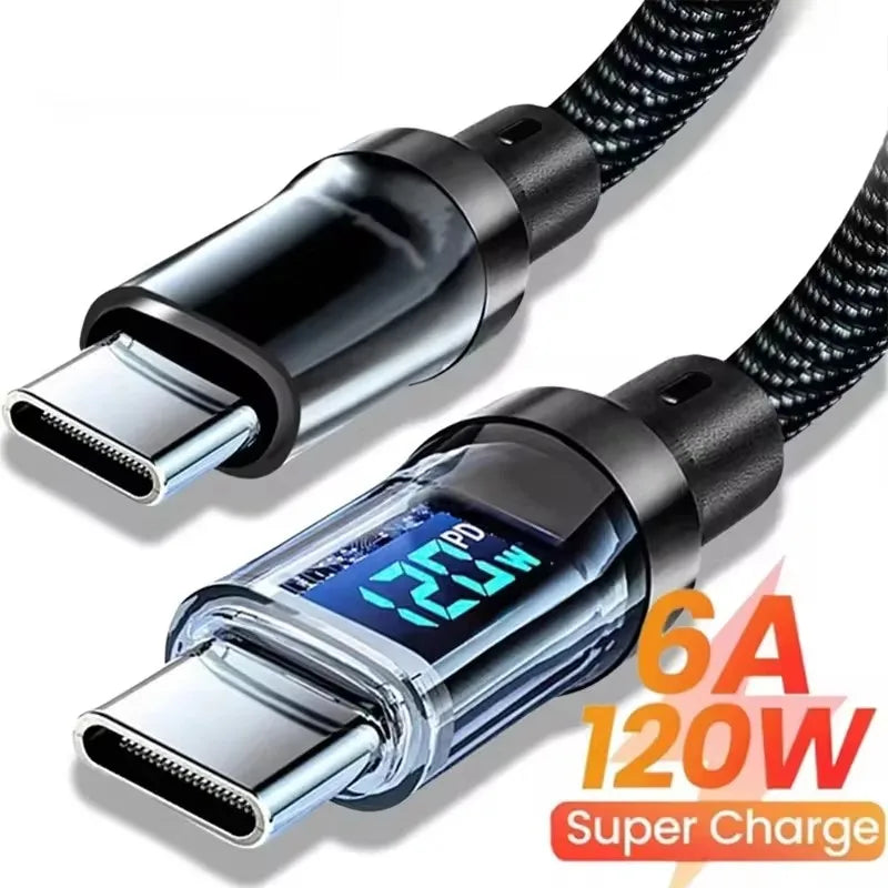 120W 6A USB-C Fast Charge Cable with LED Digital Display